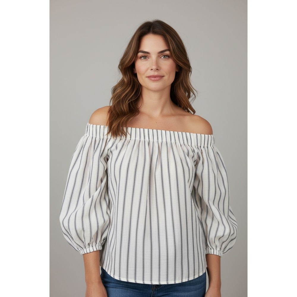 White House Black Market Striped Off Shoulder Balloon Sleeve Blouse Small